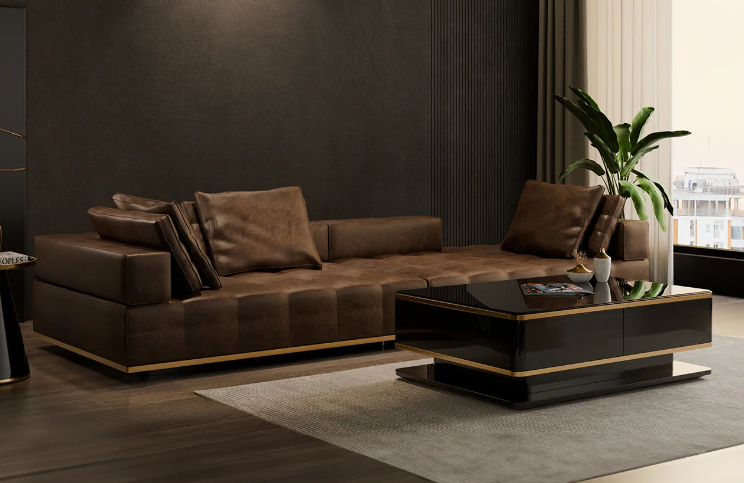 sofa chữ L phối cùng bàn trà mặt đá, thảm trung tính